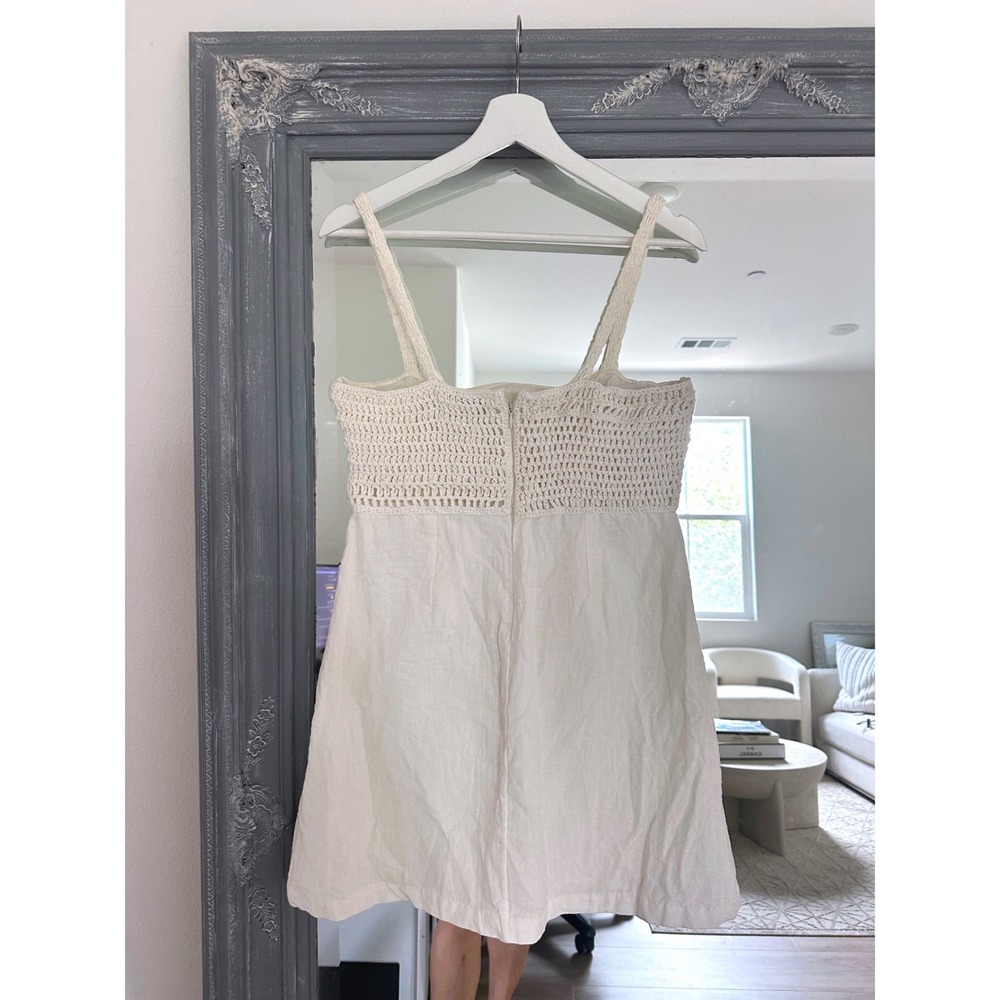 L'Academie Lea Dress Linen Crochet Cutout Mini Dress Smock Back Cream White M - Picture 9 of 11